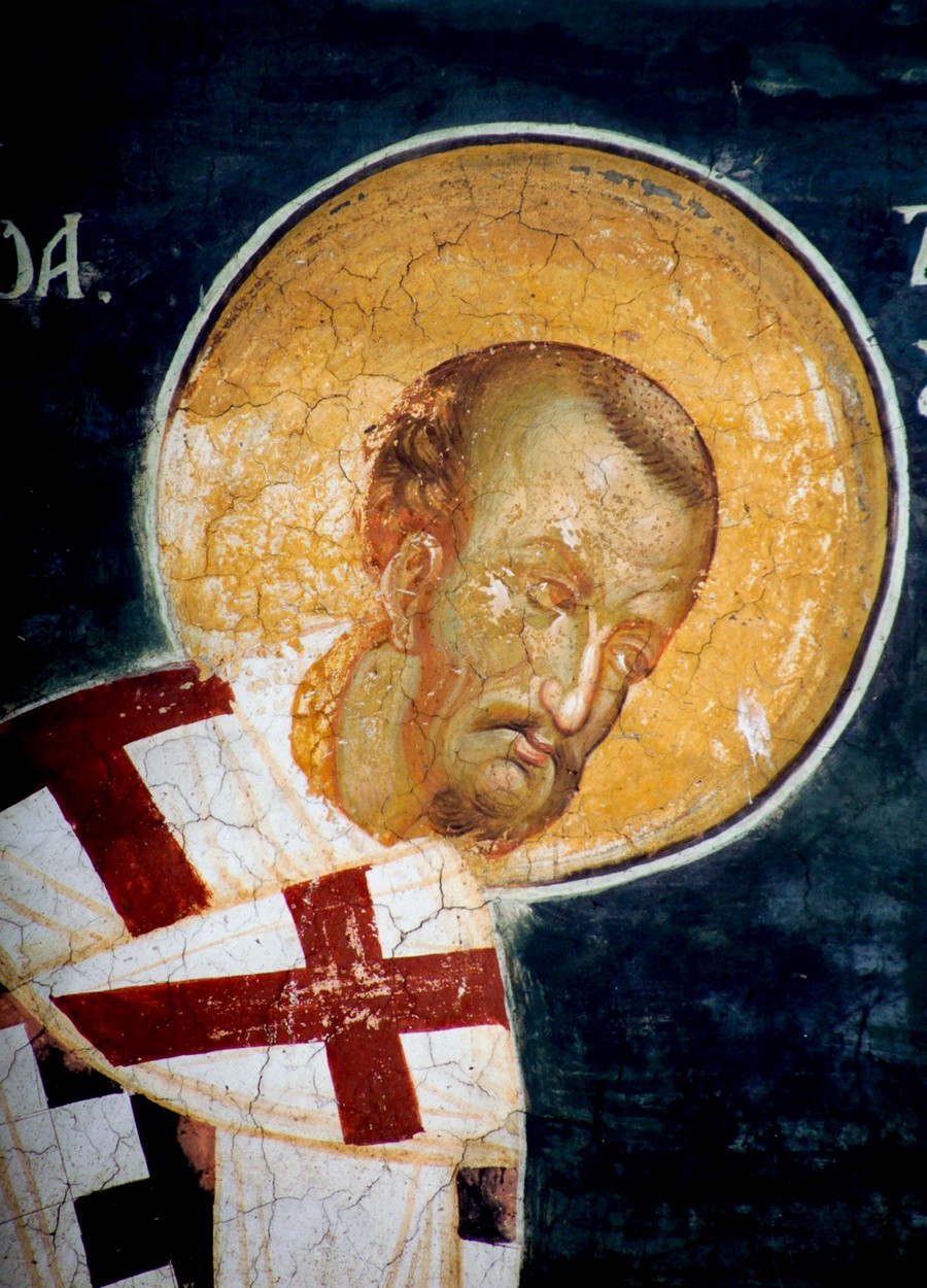 Святитель Иоанн Златоуст. Фреска монастыря Высокие Дечаны, Косово и Метохия, Сербия. До 1350 года.